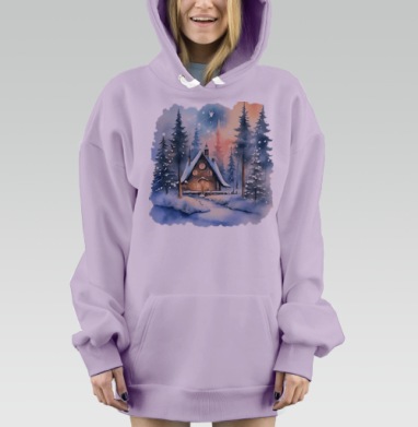 Зимний лесной домик уединение в снежном лесу, Hoodie Mjhigh Dig Mel, Fiolet, утепленная