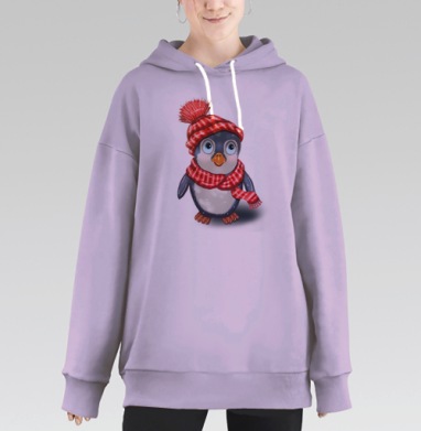Зимний пингвин в шапке и шарфе для теплоты, Hoodie Long Oversize Fiolet
