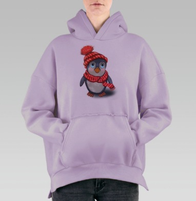 Зимний пингвин в шапке и шарфе для теплоты, Hoodie Oversize Fiolet, утепленная