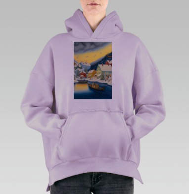 Зимняя деревня на реке лодки веселое настроение, Hoodie Oversize Fiolet, утепленная