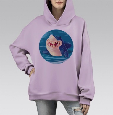 Веселая улыбающаяся акула — мультяшный дизайн, Hoodie Mono Fiolet, оверсайз, утепленная