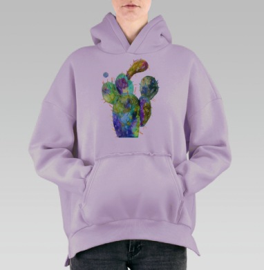 Акварельный кактус с яркими цветами и живой текстурой, Hoodie Oversize Fiolet, утепленная