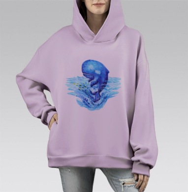 Акварельный кит, Hoodie Mono Fiolet, оверсайз, утепленная