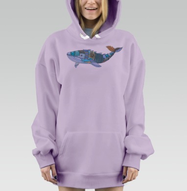 Акварельный механический кит в холодных оттенках с узорами, Hoodie Mjhigh Dig Mel, Fiolet, утепленная