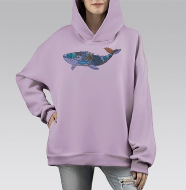 Акварельный механический кит в холодных оттенках с узорами, Hoodie Mono Fiolet, оверсайз, утепленная