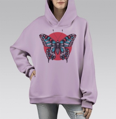 Бабочка на фоне восходящего солнца символ свободы, Hoodie Mono Fiolet, оверсайз, утепленная
