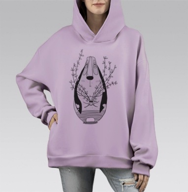 Бассет с цветком, Hoodie Mono Fiolet, оверсайз, утепленная