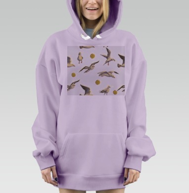 Белые чайки с кексами в полете на белом фоне, Hoodie Mjhigh Dig Mel, Fiolet, утепленная