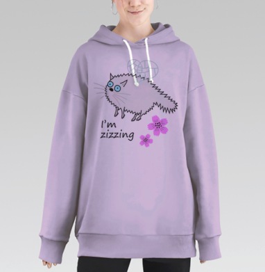 Белый кот испуганный с розовыми цветами и надписью, Hoodie Long Oversize Fiolet