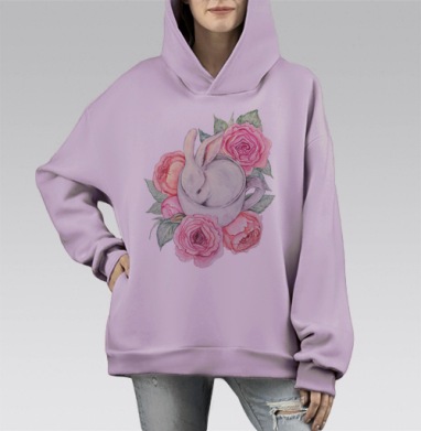 Белый кролик в чашке, Hoodie Mono Fiolet, оверсайз, утепленная