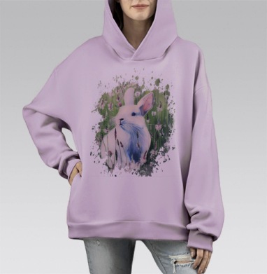 Белый зайчик на лугу, Hoodie Mono Fiolet, оверсайз, утепленная