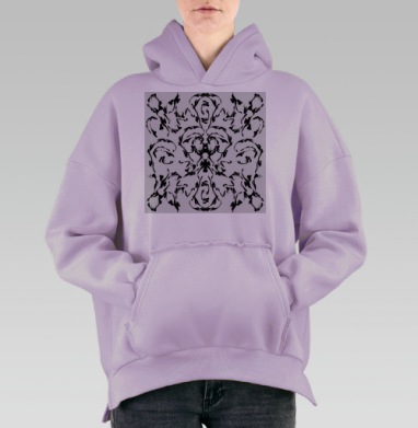 Черно белые каллиграфические линии переплетения узор, Hoodie Oversize Fiolet, утепленная