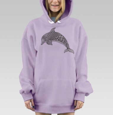Черно белый дельфин с медитативными узорами плавности линий, Hoodie Mjhigh Dig Mel, Fiolet, утепленная