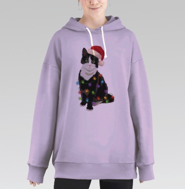 Черно белый кот в рождественском колпаке на морозе, Hoodie Long Oversize Fiolet