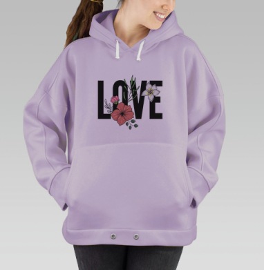 Черные буквы любовь с цветами зелеными нежными на сером фоне, Hoodie Oversize Fiolet