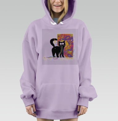 Черный кот с новогодними ленточками Новый год к нам, Hoodie Mjhigh Dig Mel, Fiolet, утепленная