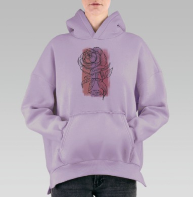 Цветок с листьями нежно-розовый и серый пастельный фон, Hoodie Oversize Fiolet, утепленная