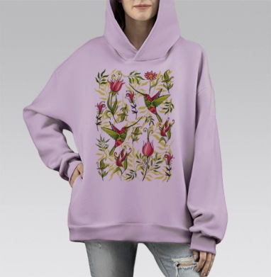 Декоративная композиция с колибри в стиле арт-нуво, Hoodie Mono Fiolet, оверсайз, утепленная
