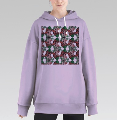 Декоративные коричневые грибы с зелеными листьями на сером фоне, Hoodie Long Oversize Fiolet