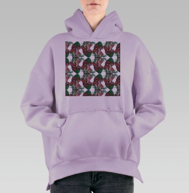 Декоративные коричневые грибы с зелеными листьями на сером фоне, Hoodie Oversize Fiolet, утепленная