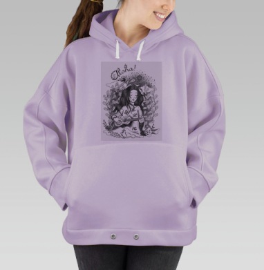 Девушка играет на гитаре среди листьев и птиц Aloha, Hoodie Oversize Fiolet