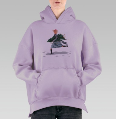 Девушка несёт новогоднюю елку в спешке рождественский момент, Hoodie Oversize Fiolet, утепленная