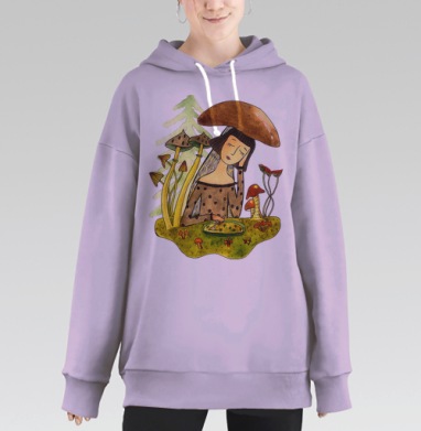 Девушка с грибом на голове в лесу гармония природы и человека, Hoodie Long Oversize Fiolet