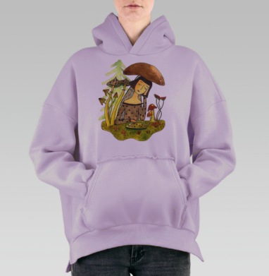 Девушка с грибом на голове в лесу гармония природы и человека, Hoodie Oversize Fiolet, утепленная