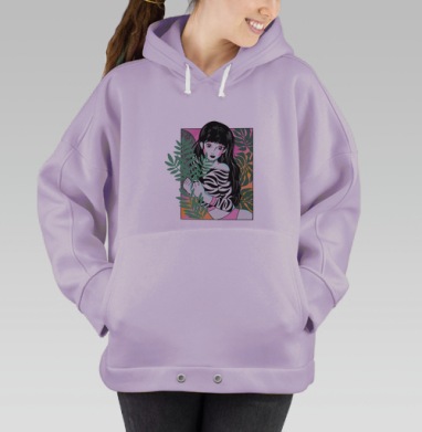 Девушка с зелёными листьями и летним пейзажем в стиле аниме, Hoodie Oversize Fiolet