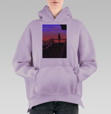 Девушка смотрит на закат в одиночестве на лестнице, Hoodie Oversize Fiolet, утепленная
