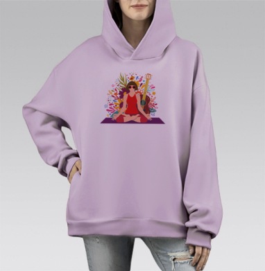 Девушка в красном медитирует с гитарой и яркими нотами, Hoodie Mono Fiolet, оверсайз, утепленная