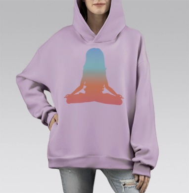 Девушка в позе лотоса с градиентом по цветам соответствующим чакрам, Hoodie Mono Fiolet, оверсайз, утепленная