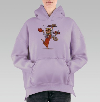 Девушка в русском костюме с пирожками и чаем поздравляет гостей, Hoodie Oversize Fiolet, утепленная