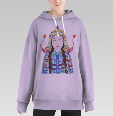 Девушка в яркой вязаной шапочке с косами голубой фон, Hoodie Long Oversize Fiolet
