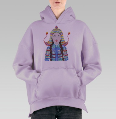 Девушка в яркой вязаной шапочке с косами голубой фон, Hoodie Oversize Fiolet, утепленная