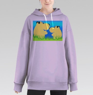 Два жёлтых медвежонка общаются на зелёной траве, Hoodie Long Oversize Fiolet