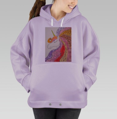 Единорог с узорчатой гривой на фоне цветов исполнения мечты, Hoodie Oversize Fiolet