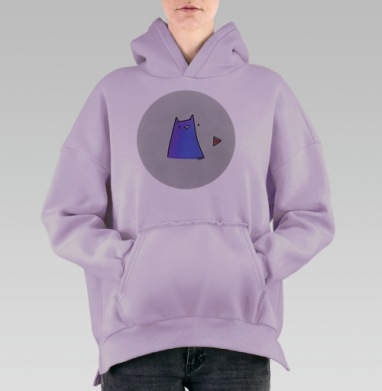 Фиолетовый милый кот с арбузным кусочком на белом фоне, Hoodie Oversize Fiolet, утепленная
