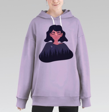 Футболка с ночным лесом и луной, Hoodie Long Oversize Fiolet