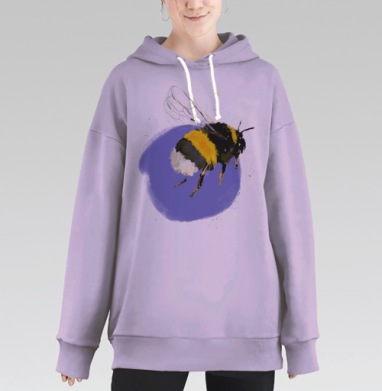 Жёлтая пчела в полёте на лавандовом фоне пчела в полёте, Hoodie Long Oversize Fiolet