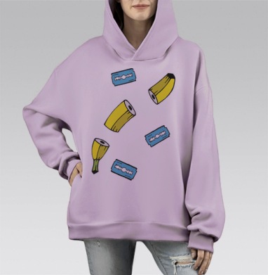 Желтый Банан Резаный Бритвами Персиковый фон, Hoodie Mono Fiolet, оверсайз, утепленная