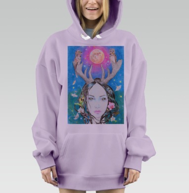 Женское лицо с рогами и совами на фоне луны, Hoodie Mjhigh Dig Mel, Fiolet, утепленная
