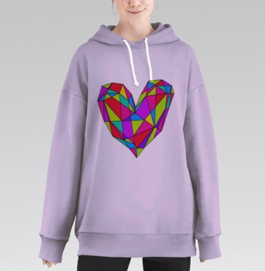 Геометрическое сердце ярких насыщенных цветов на белом фоне, Hoodie Long Oversize Fiolet