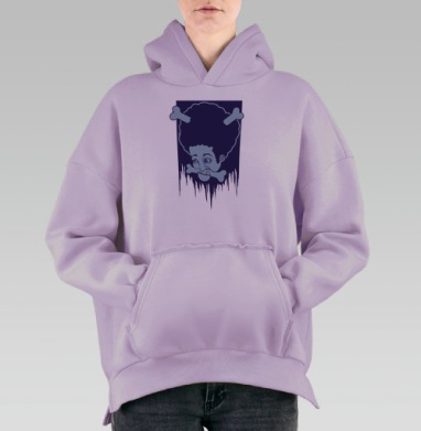 Голова с костями и мрачной иронией среди темного синего, Hoodie Oversize Fiolet, утепленная