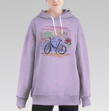 Городской велосипед на мосту с цветами на фоне, Hoodie Long Oversize Fiolet