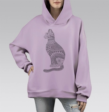 Графический силуэт кошки в узорах сидящая черно белая, Hoodie Mono Fiolet, оверсайз, утепленная