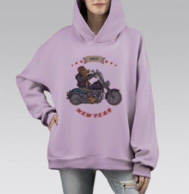 Кабан байкер. Год свиньи., Hoodie Mono Fiolet, оверсайз, утепленная