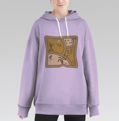 Карта пустынной природы с пальмой и кактусами карта местности, Hoodie Long Oversize Fiolet