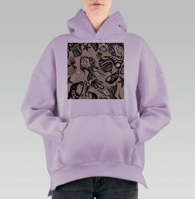 Коллекция морских ракушек бежевые черные узоры, Hoodie Oversize Fiolet, утепленная