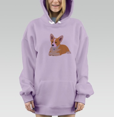 Корги с золотистыми косточками на белом фоне, Hoodie Mjhigh Dig Mel, Fiolet, утепленная